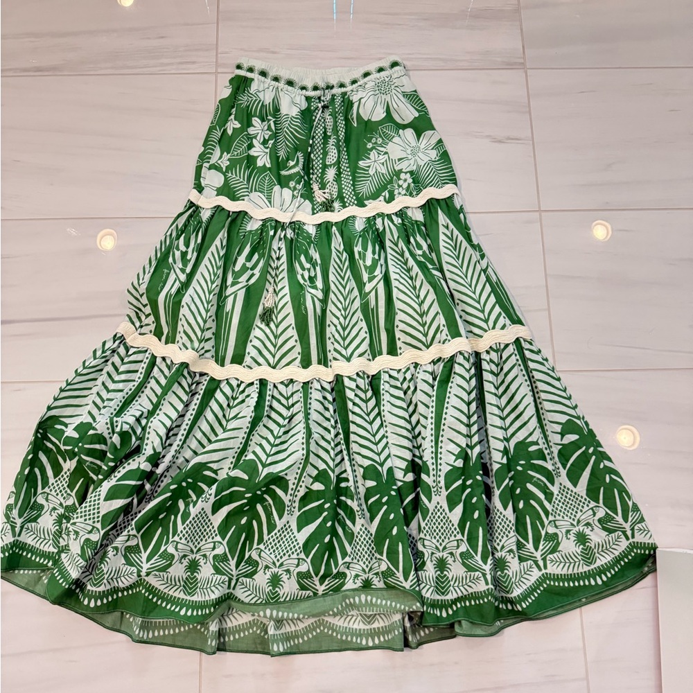 FARM Rio Green and White Maxi Skirt